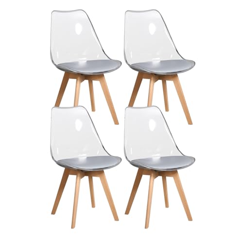 4 Chaises Tulipes Salle à Manger Scandinaves BM Home Salle de Bureau, Pieds en Bois de Hêtre Massif, Transparente, Assise Grise