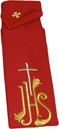 Étole rouge de liturgie brodée IHS avec finitions de qualité