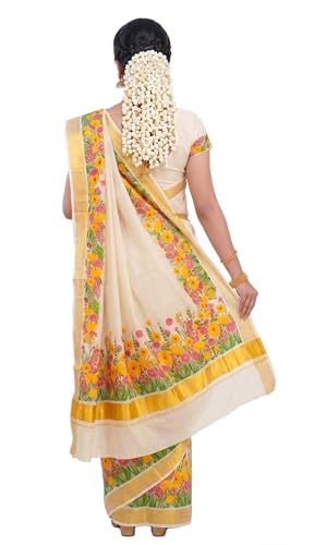 Image of Women's Mural Printed Kerala Gold Tissue Saree with Running Blouse Piece | Traditional South Indian Ethnic Saree for Festivals, Weddings & Special Occasions