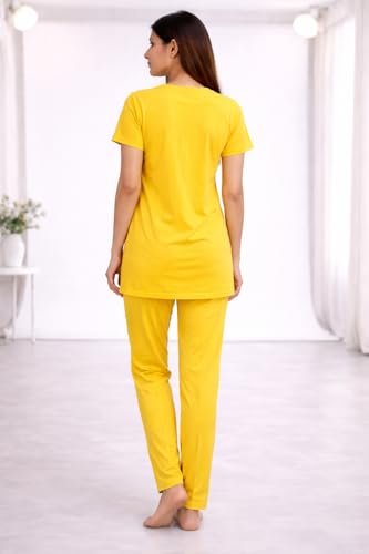 Image of KIAWAH Women's Cotton Night Suit, Long Top and Pajama Set, Round Neck, Short Sleeve,
