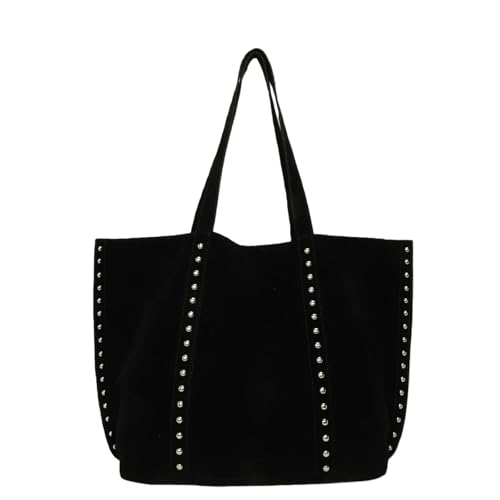 ZCABYBD Damen Handtasche Wildleder-Einkaufstasche Mit Großem Fassungsvermögen Und Nieten, Nischen-umhängetasche Für Pendler, Hochwertige Modische Handtasche-schwarz
