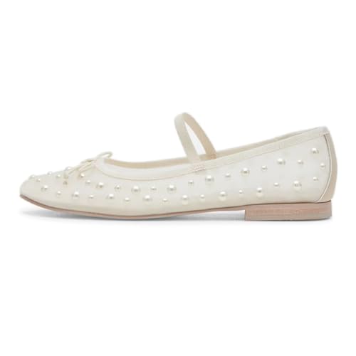 miss left Women Stylish Pearls Round Toe Mary Jane Flats Bowknots Elastic Strap Mesh Breathable Ballet Shoes Size 4-16 US2