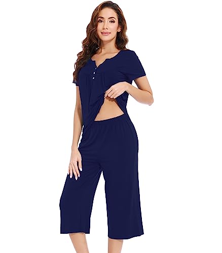 WiWi Soft Viscose from Bamboo Pajamas for Women Short Sleeve Pajama Sets with Capri Pants Pjs Comfy Loungewear S-XXL3
