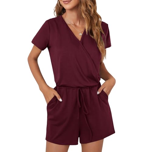 CLOUSPO Sommer Jumpsuit Damen Elegant Playsuit Casual Overall Kurzärmel Romper Verstellbarer elastischer Bund einfarbige...