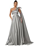 VOfuter One Shoulder Satin Prom Dresses Long for Women Strapless Formal Evening Party Gown Elegant Prom Gown Bow Tied Ball Gown with Wing Silver, US16