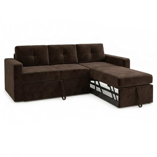Image of FURNY Tira 4 Seater RHS Lounger Sofa Cum Bed (Dark Brown) with Pull-Out Function | Luxury Velvet Suede Finish | Durable Comfort | Ideal for Living Room