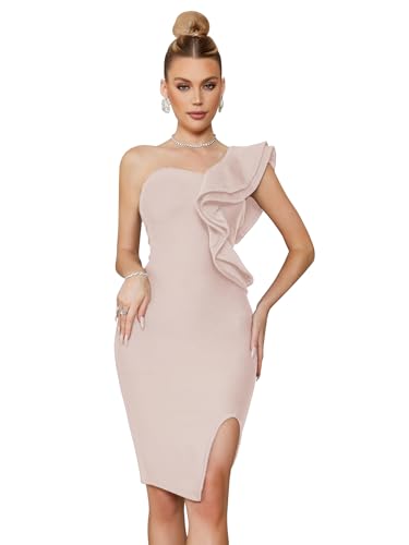 Image of One Shoulder Ruffle Dress Side Split Bodycon Bandage Dress Wedding Guest Dress