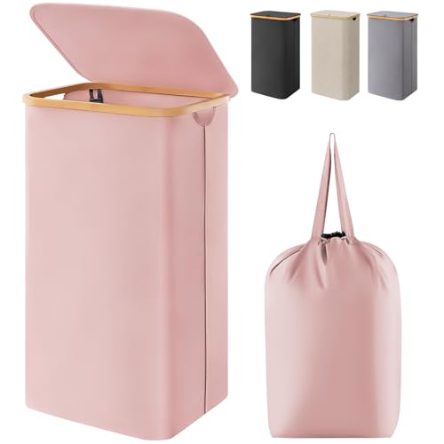 Image of Lifewit 100L Laundry Basket with Lid, Clothes Hampers for Laundry with Bamboo Handles and A Removable Laundry Bag, Large Foldable Hamper for Bedroom, Bathroom, Dorm, Laundry Room, Pink