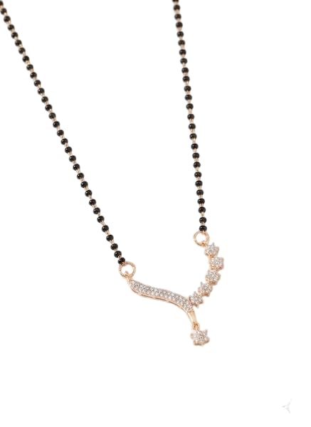 Elegant rose gold crescent moon mangalsutra with delicate chain, adorned with sparkling stones, perfect for gifting or adding a celestial charm to any outfit.-image-35