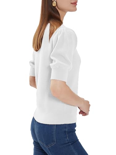 Image of Womens Puff Sleeve Knitted Sweaters Short Sleeve Crew Neck Tops