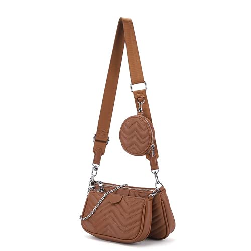 3 In 1 Purses and Handbags for Women Leisure Wave Pattern Crossbody Bags Coin Purses Ladies Wallet Multipurpose Shoulder Bag (Brown)3