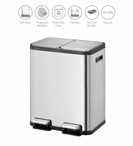 Image of Obsessions EKO Stainless Steel Step Trash Can for Recycling, 15+15L Rectangular Kitchen Dustbin, Independent Pedals and Lids, Soft Close and Fingerprint Resistant, Metallic