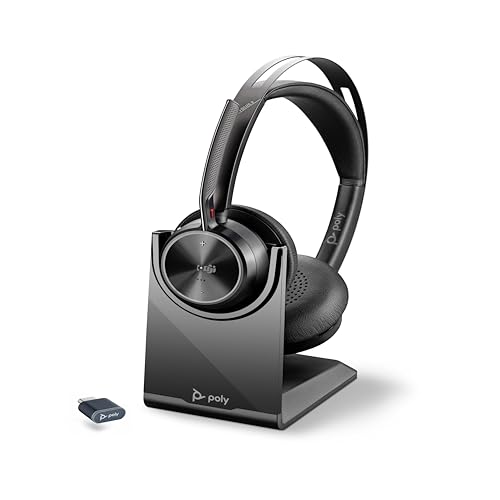 Poly Voyager Focus 2 UC schnurloses Headset mit Mikrofon & Ladestation – Active Noise Cancelling (ANC) – Verbindung mit PC/Mac/Mobiltelefon über Bluetooth – Kompatibel mit Teams (zertifiziert), Zoom