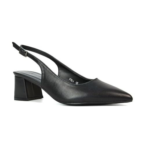 Womens Court Shoes Ladies Block Low Heel Point Toe Slingback Evening Black Synthetic Leather Classic Pumps Shoes Size 6
