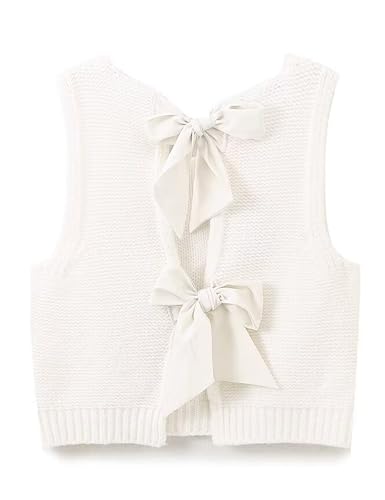 Lianlive Sweater Vest Top for Women Casual Crop Knit Cardigan Vest Bow Tie Back Knit Tank Tops (White-M)