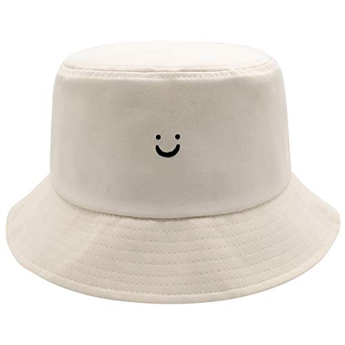 Smile Face Bucket Hat Summer Travel Bucket Beach Sun Hat Embroidery Outdoor Cap (Khaki)