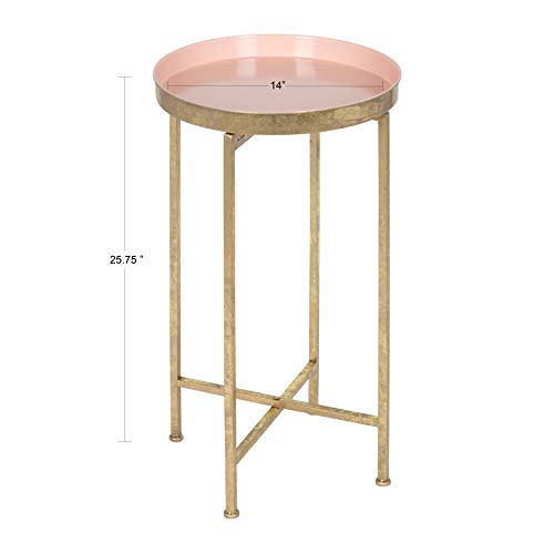 Kate And Laurel Celia Round Metal Foldable Tray Accent Table, Pink With Gold Base #TOP2