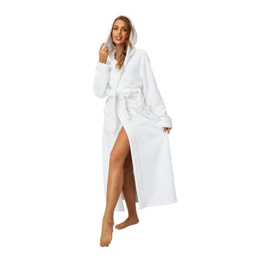 Image of RONGTAI Womens Robes Plush Fleece Hooded Bathrobe Thick Nightgown with Pockets Fluffy Sleepwear