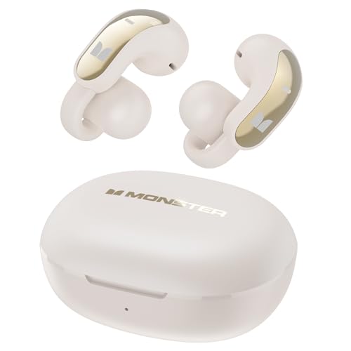 Monster Open Ear AC228 Wireless Headphones, Clip-On Earbuds, Adaptive Comfort, Immersive Audio, Bluetooth 6.0 Open Ear Earbuds with ENC Clear Call, 30H Playtime, IPX5 Water Resistant for Sport, White