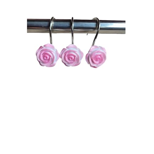 Two Fish Home Fashions Set of 12 Decorative Christmas Tree Resin Shower Curtain Hooks Christmas Tree Resin Curtain Rings Pack of 12 (Pink Rose)
