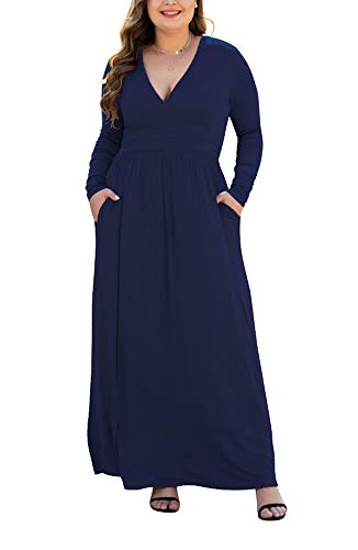 HAOMEILI Women's Long Sleeve Loose Plain Maxi Dresses Casual Long Dresses with Pockets XL-Navy Blue