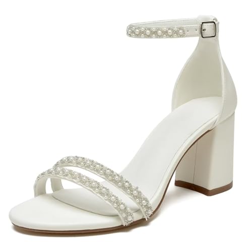 Block Heel Wedding Sandals Pearl Bridal Shoes Open Toe Wedding Shoes Bride heels