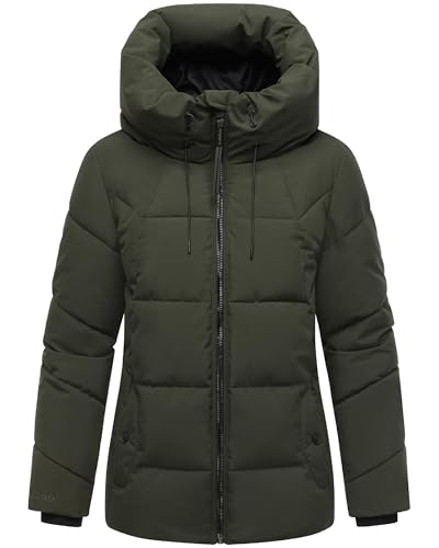MARIKOO Damen Winterjacke warme Steppjacke mit verstellbarer Kapuze Kuscheltatze XVI Dark Olive Gr. M