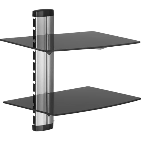 tectake® TV Wandregal, schwebendes Regal, 2X Sicherheitsglas Regalbrett für DVD Player, Receiver, Beamer Halterung, Wandboard 44 x 42 x 34 cm, Wand Regal mit integrierter Kabelführung