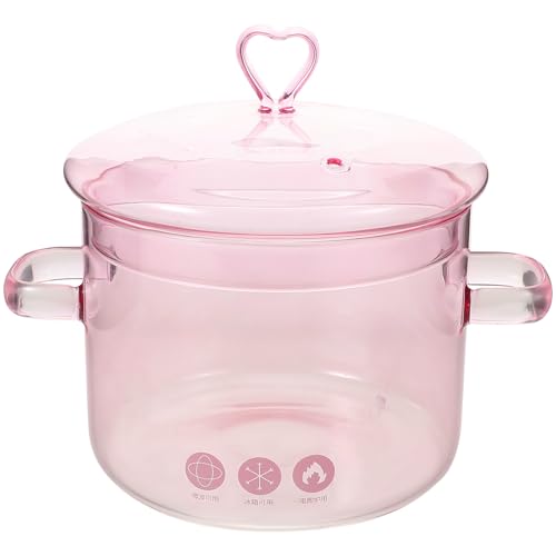 Cabilock Olla de vidrio para cocinar - Cacerola de vidrio de 1900 ml con asas y tapa rosa con forma de corazón - Olla eléctrica de borosilicato de para cocinar pasta a fuego lento en la cocina