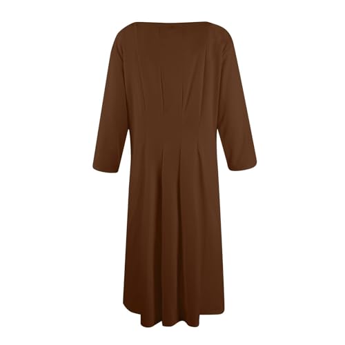 3/4 Sleeve Fit and Flare Dresses for Women Solid Color A Line Flowy Dress O Neck Casual Midi Dress with Pockets4