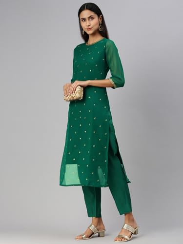 Image of Saanjh Women's Faux Georgette Embellished Printed Straight Kurta with Bottom||Kurta Set