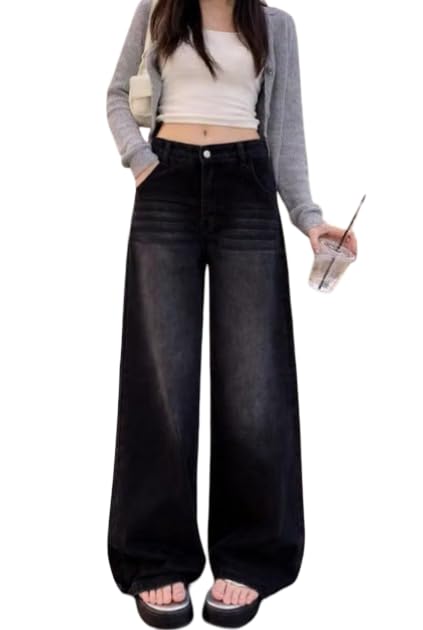 Women's High Waist Wide Leg Jeans, Washed Black Denim-image-18