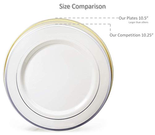 " Occasions " 150Pcs Set (25 Guests)- Disposable Heavyweight Dinnerwarewedding Plastic Plates & Cutlery - 10.5'', 7.5'' + Silverware W/Double Fork (White & Silver Rim) #TOP6