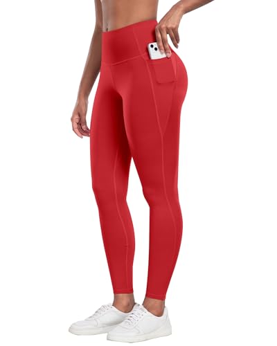 CHRLEISURE Leggings with Pockets for Women - Tummy Control High Waisted Soft Workout Yoga PantsRed XL