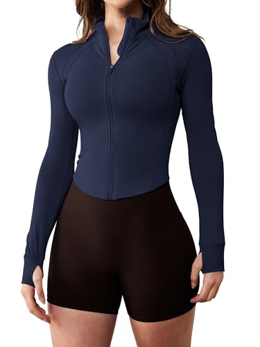 GYM RAINBOW Womens Zip Up Athletic Jacket Lightweight Contour Fit Gym Fitness Workout Jackets with Thumb Holes(#1 Navy,X-Small)