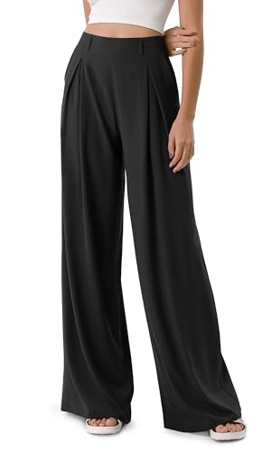 ODODOS Chiffon Flowy Pleated Wide Leg Pants for Women Lightweight High Waist Trouser with Pockets-27/29