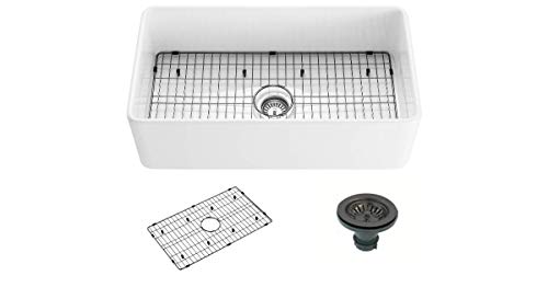 33-Inch Farmhouse Kitchen Sink- Fireclay Farmhouse Sink Single Bowl - Apron Front Sink Contemporary European Design - Single Bowl Fireclay Apron Sink 33” - Grid, Drain Cover Included