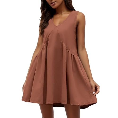 Zilcremo Women Summer Sleeveless Denim Mini Dress Casual V Neck Jean Babydoll Dress Chambray Swing Sundress with Pockets Medium Rust