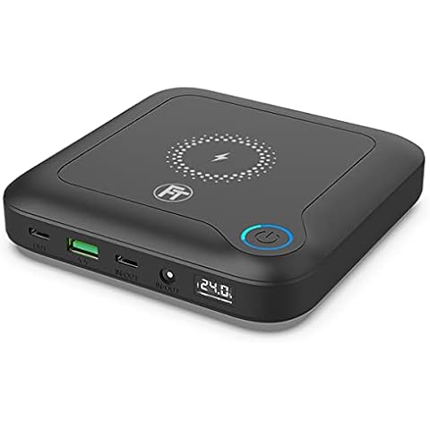 FeinTech PLG02400 Laptop Powerbank 60W PD USB-C und DC Anschluss für Notebook, MacBook, iPad, Tablet, Smartphone, Kamera, Nintendo Switch, 10W Wireless Charging, 88Wh, 24000mAh, 122 x 122 x 28 mm Cover
