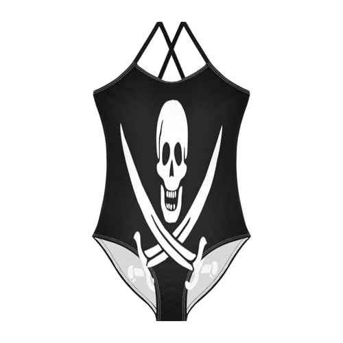 Pirate Flag Black Girls One Piece Swimsuit Beach Swimwear Quick Dry Kids Bathing Suits 5-6T