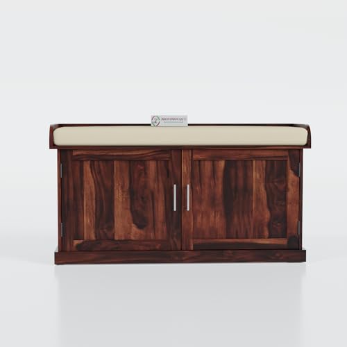 Image of Jangid Handicraft Solid Sheesham Wood Seating Bench for Balcony with Cushion | Outdoor Wooden Shoe Rack Organizer for Home & Office | 2 Shelf & Door Cabinet with Storage | Walnut Finish