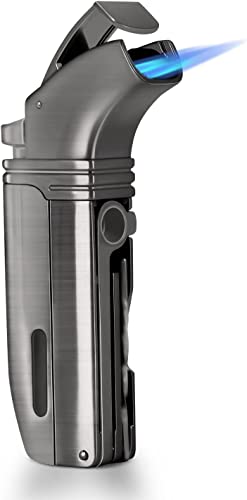 Sturmfeuerzeug, Jet Feuerzeug mit 2 Jet Flammen, Winddichtes Nachfüllbares Gasfeuerzeug Outdoor mit Locher, Geschenkbox für Freunde und Familie für Männer Damen (Ohne Gas) (Elegantes schwarz) Cover