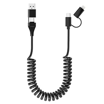 USB C and Lightning Cable 4 in 1 60W [PD Charge & MFi & Data] Coiled Cable Short Support CarPlay & Android Auto, 4 in 1 Charging Cable Combo Type C/Lightning/USB A for iPhone 15 14/Android/Pad/Laptop