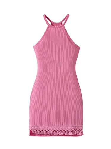 Verdusa Girl's Boho Tassel Halter Dress Sleeveless Slim Fitted Pencil Short Dresses