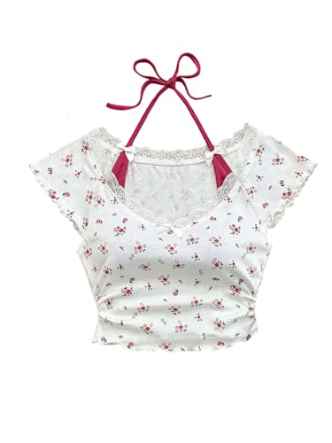 OYOANGLE Girl's Cute Ditsy Floral Short Sleeve Ribbed Knit T Shirt Tie Back Halter Ruched Tee Top