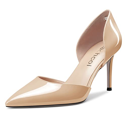 Aachcol Women Stiletto Mid High Heel Pumps Slip-on Two-Piece Pointed Toe Dress Shoes Office Party Wedding Patent 3 Inch