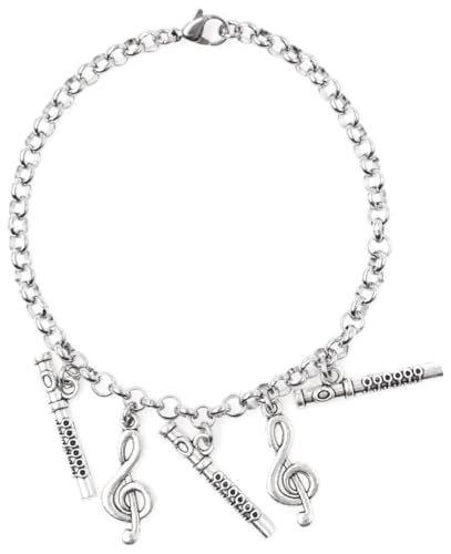 Adjustable 8.5” Stainless Steel Bracelet Flute Treble Clef Personalize with Clip on Charms 68J