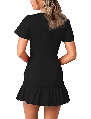 Sprime Women's Solid Color Summer Casual Dress V Neck Short Flared Sleeve Wrap Dress Waist Tie Ruffle Hem Flowy Mini Dresses #TOP3