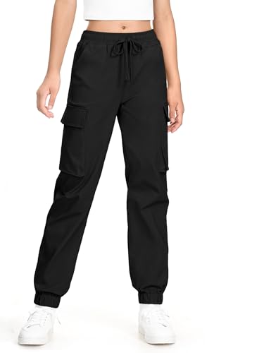 KEREDA Girls Cargo Pants Jogger Elastic Waist Drawstring with Pockets Uniform Pants Clothes for Teen Girls Black 11-12 Years
