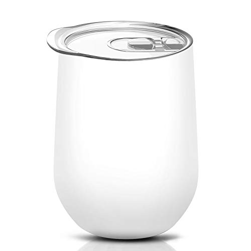 Stainless Steel Stemless Wine Glass Tumbler 12oz, Vacuum Insulated Double Wall Travel Coffee Mug Spill Proof, for Cocktail,Champaign,Beer (White, 12oz)